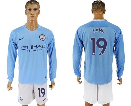 Manchester City #19 Sane Home Long Sleeves Soccer Club Jersey - Click Image to Close